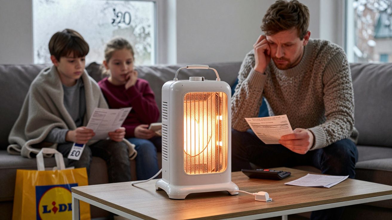 Un père et ses deux enfants lisent des factures près d’un radiateur électrique allumé dans un salon.