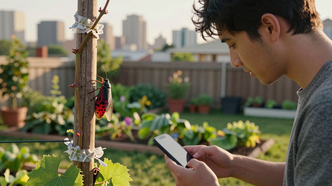 Jeune homme observant une grande punaise rouge sur une plante dans un jardin urbain ensoleillé.