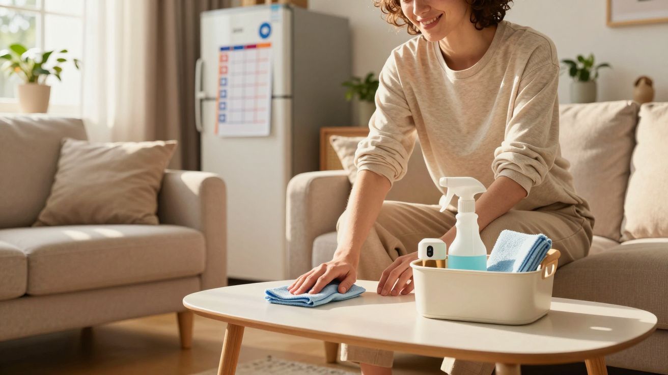 Femme souriante nettoyant une table basse dans un salon lumineux avec produits et chiffons de nettoyage.