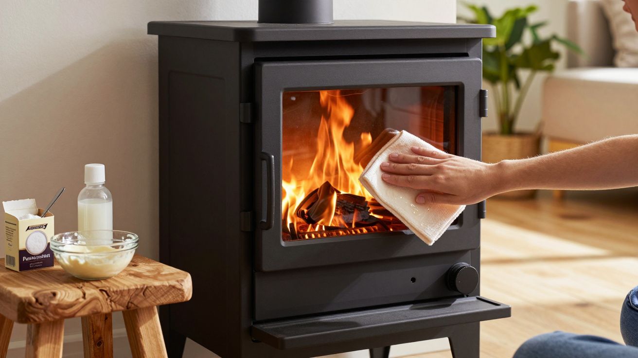 Personne nettoyant la vitre d'un poêle à bois allumé dans un salon lumineux.
