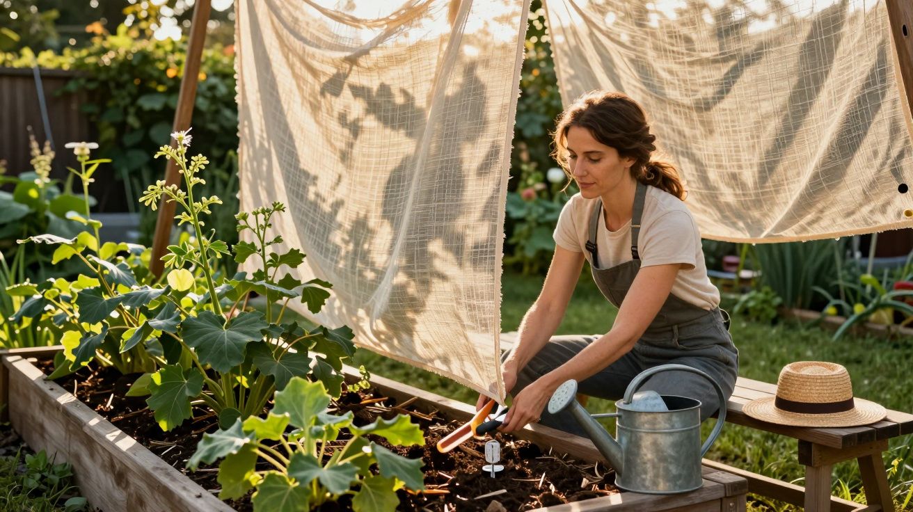 Femme jardinière arroser des plantations dans un potager en carré sous un tissu flottant au soleil.