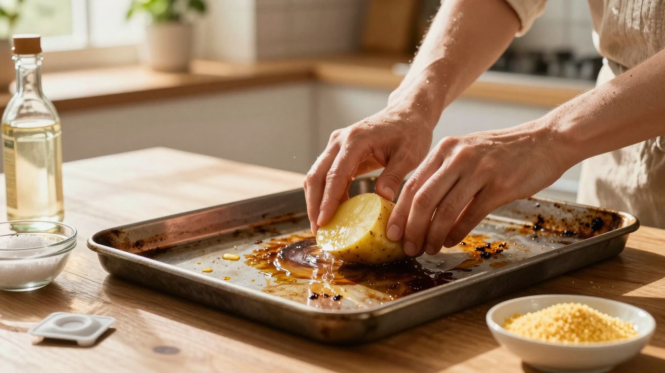 Mains frottant une pomme de terre coupée sur une plaque de cuisson huilée dans une cuisine lumineuse.