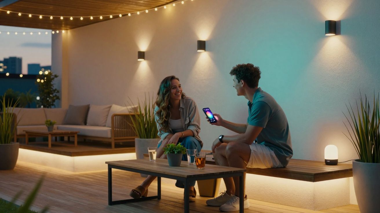 Deux jeunes assis sur une terrasse moderne éclairée, discutant et regardant un smartphone le soir.