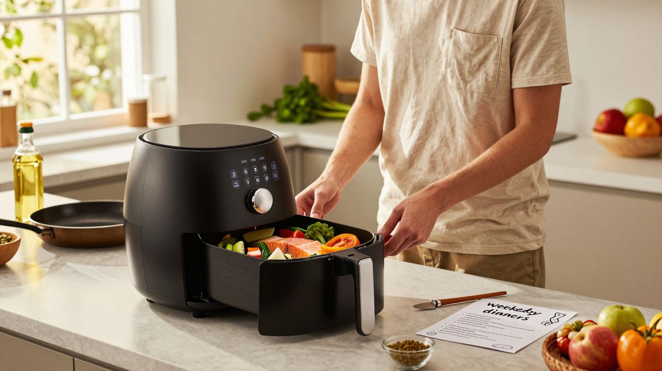 Personne retirant un panier rempli de légumes et poisson d'une friteuse air fryer noire dans une cuisine lumineuse.