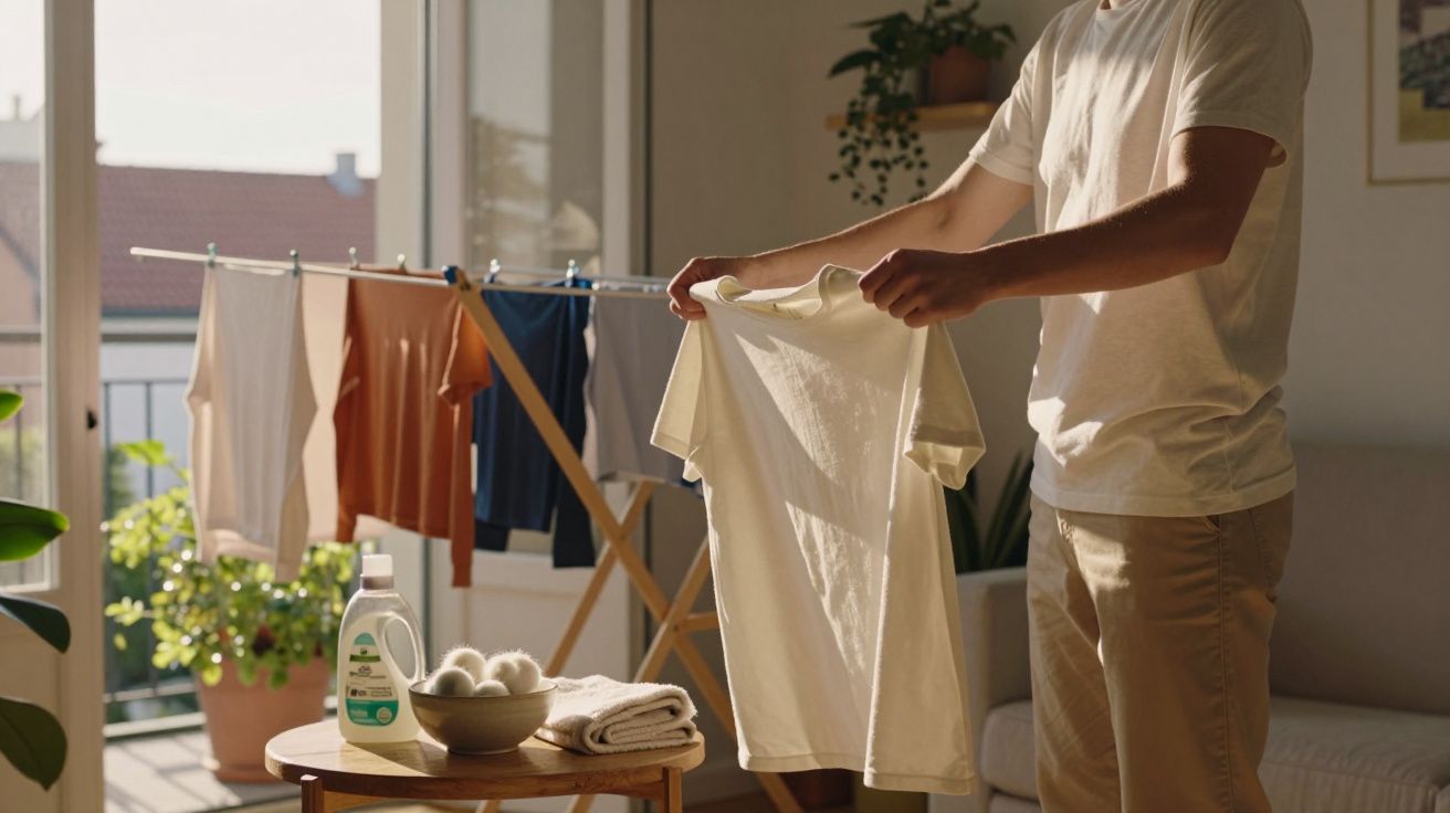 Personne pliant un t-shirt blanc à l'intérieur près d'un étendoir avec des vêtements séchant au soleil.