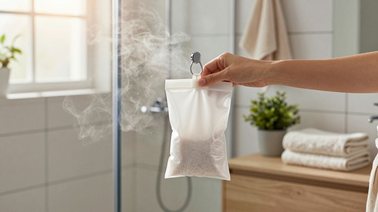 Main tenant un sachet parfumé diffusant de la vapeur dans une salle de bain lumineuse avec serviettes pliées.
