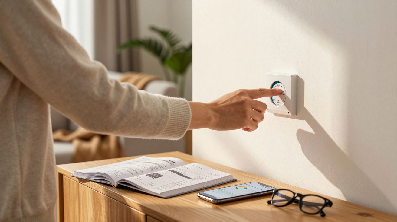 Main ajustant un thermostat mural, avec un livre, un smartphone et une paire de lunettes sur un meuble en bois.