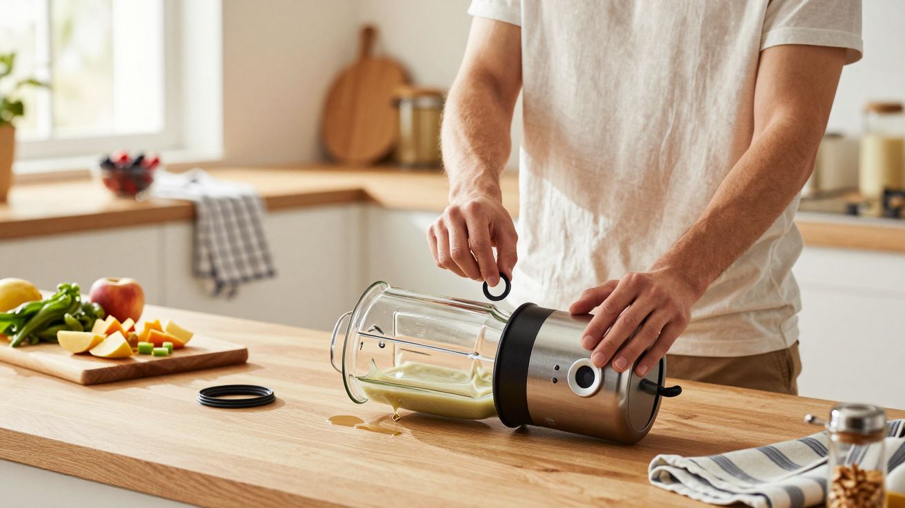 Une personne démonte un blender en inox sur un plan de travail en bois dans une cuisine lumineuse.