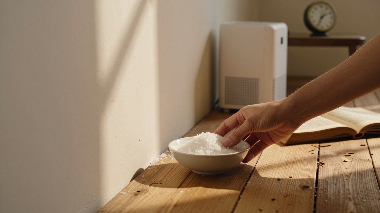 Main prenant une coupelle blanche remplie de sel sur une table en bois près d'un mur éclairé par le soleil.