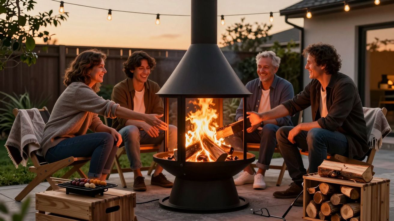 Quatre personnes souriantes autour d'un feu de cheminée extérieur au crépuscule.