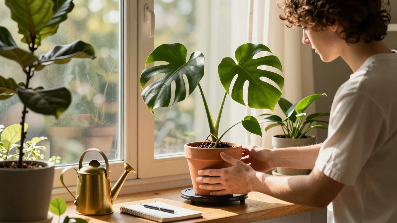 Personne arrangeant une plante verte en pot sur un rebord de fenêtre avec lumière naturelle.