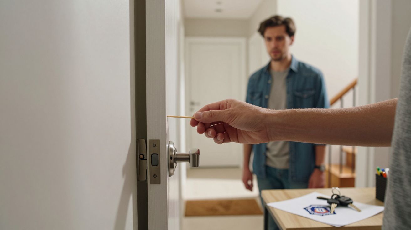 Une main insérant un bâtonnet dans la serrure d'une porte, un homme flou en arrière-plan.