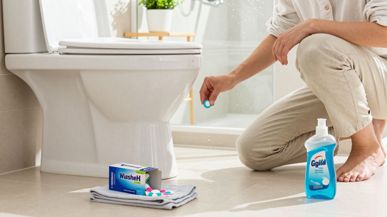 Personne déposant une tablette effervescente dans les toilettes pour nettoyage, flacon de produit bleu à côté.