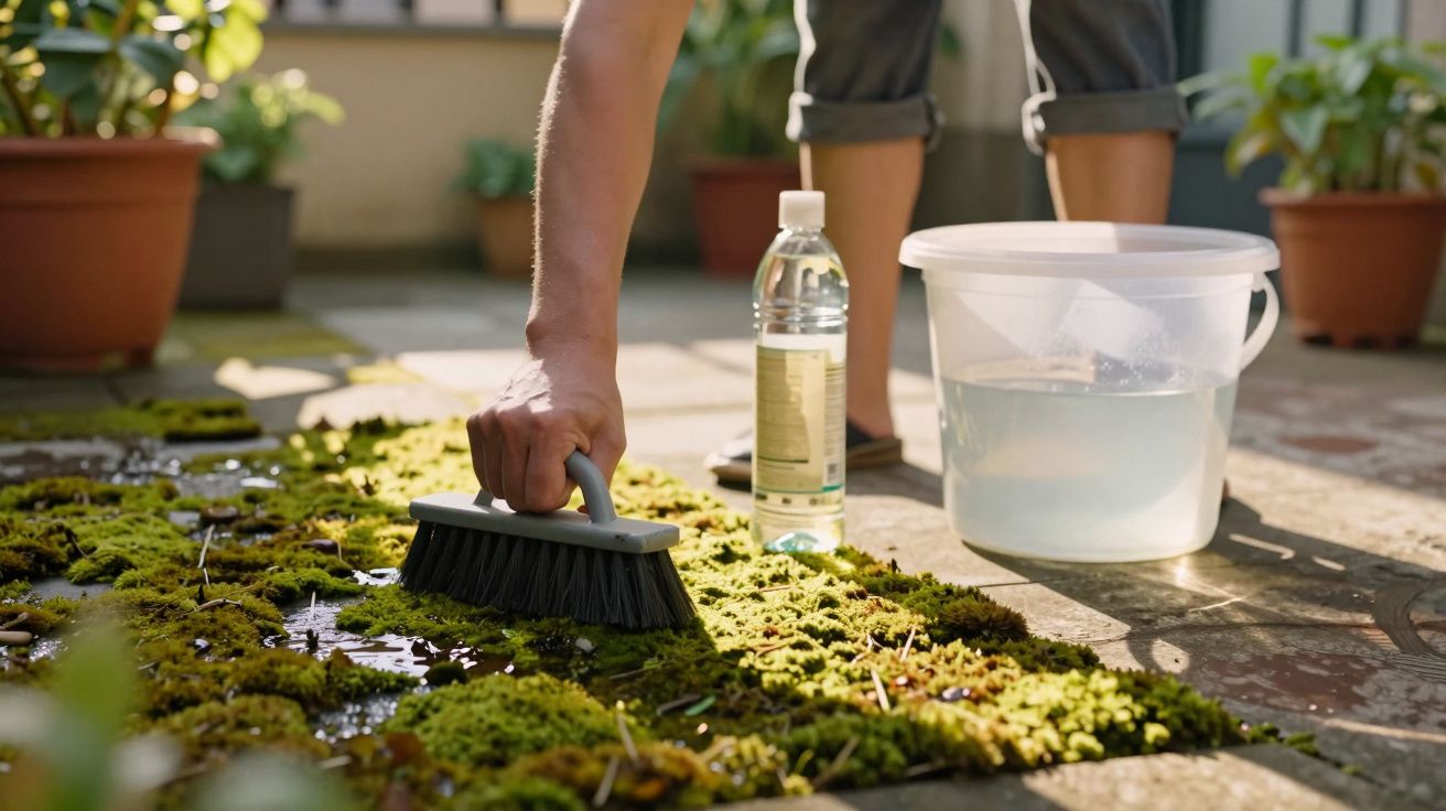 Personne en train de nettoyer de la mousse sur une terrasse avec une brosse, un seau d'eau et un flacon.