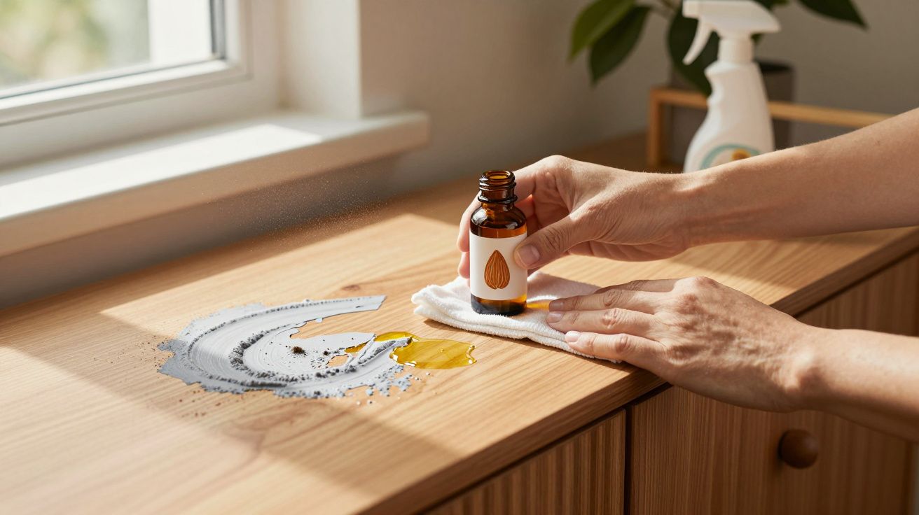 Mains tenant une bouteille d'huile d'amande pour nettoyer une tache sur un meuble en bois clair près d'une fenêtre.