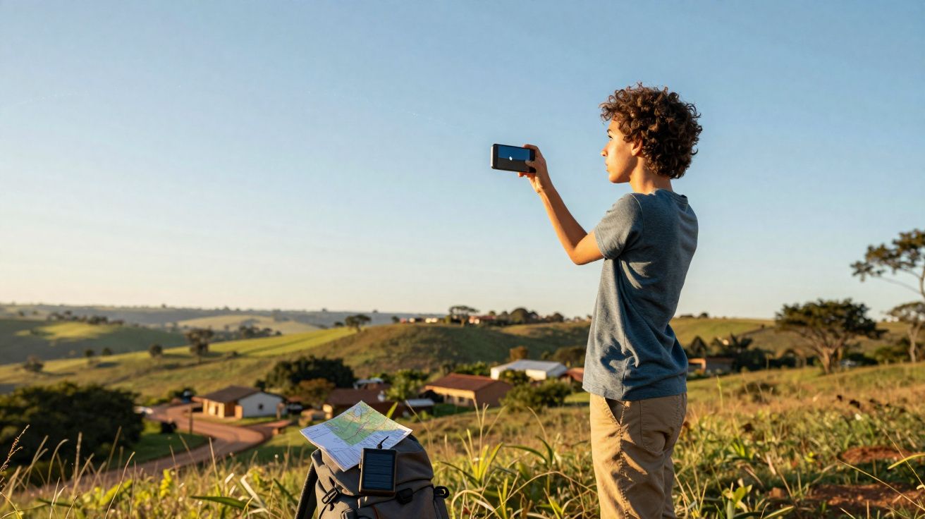 Jeune garçon prenant une photo avec un smartphone dans un paysage rural au coucher du soleil.