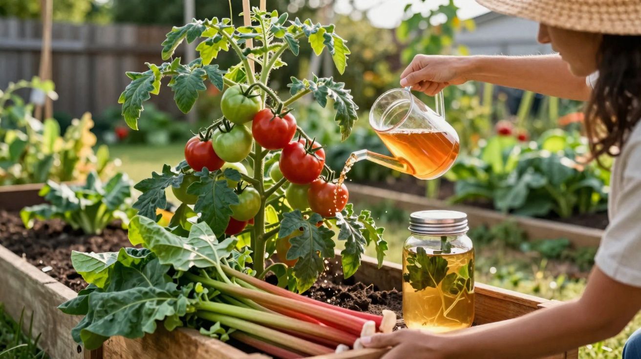 Une personne arrose une plante de tomates dans un potager, avec des branches de rhubarbe au premier plan.