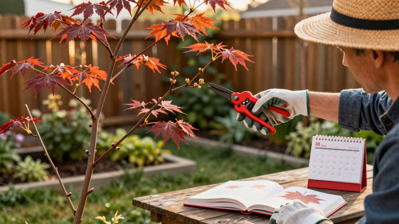 Personne en chapeau coupant une branche d'arbre à feuilles rouges avec un sécateur dans un jardin.