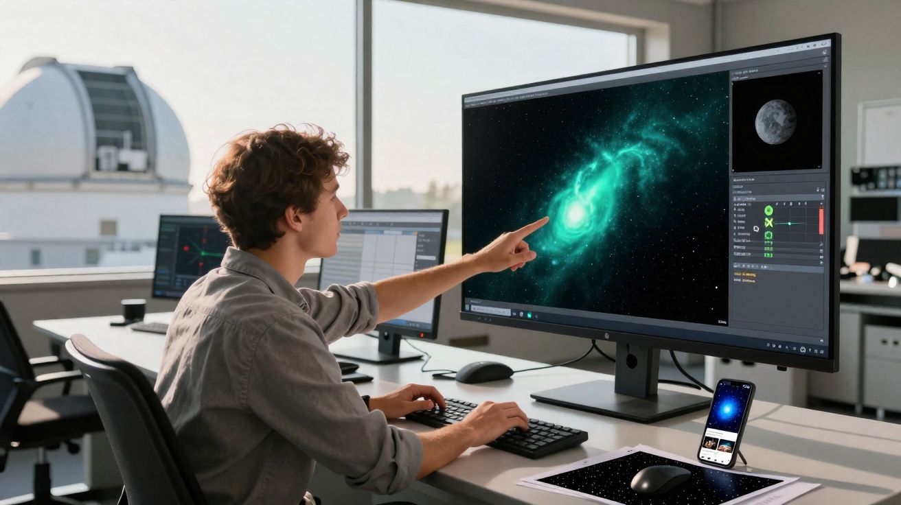 Jeune homme analyse une galaxie virtuelle sur un grand écran dans un bureau lumineux avec équipement informatique moderne.