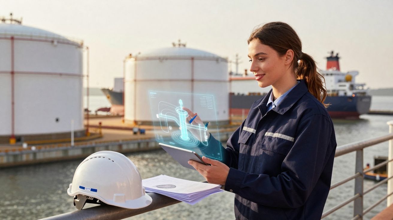 Ingénieure en tenue de travail utilisant une tablette avec hologramme près de réservoirs industriels et un cargo.