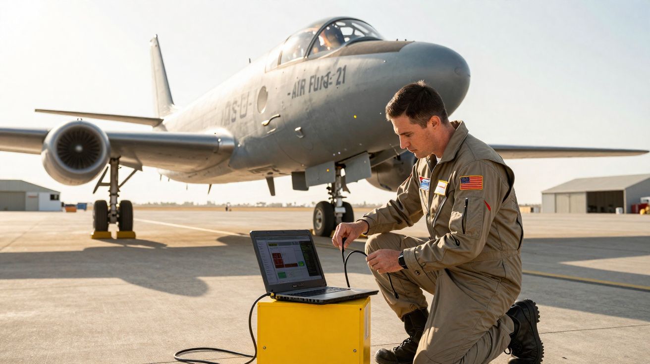 Un technicien en combinaison vérifie un ordinateur devant un avion militaire gris sur une piste d'aéroport.