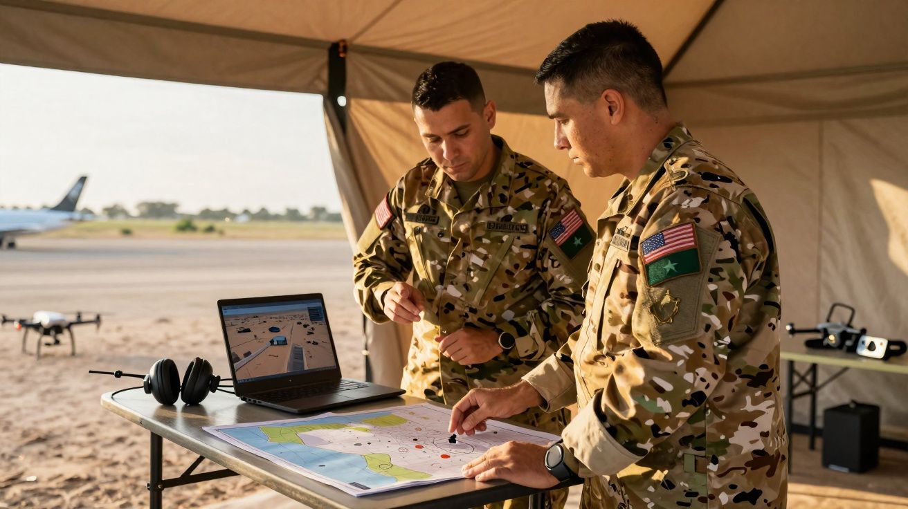 Deux soldats en tenue camouflée discutent devant une carte sur une table dans une tente militaire.