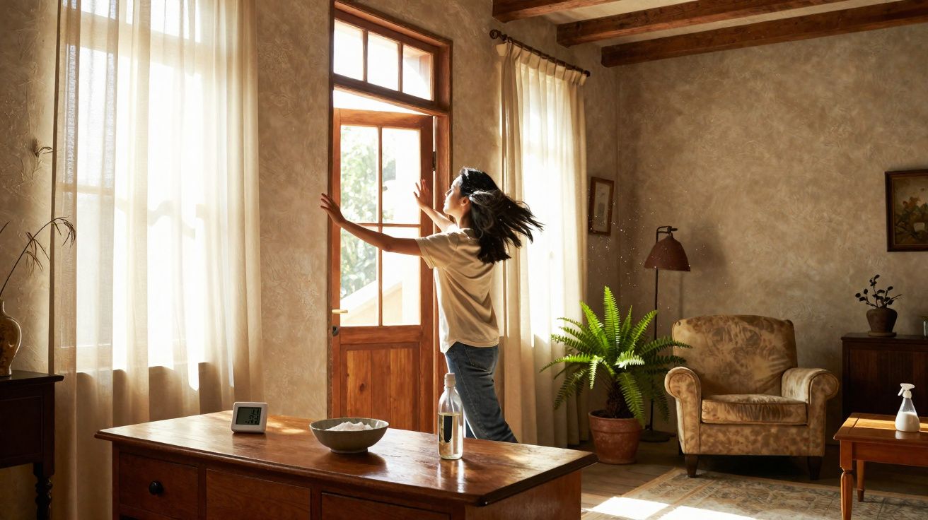 Fille ouvrant une porte en bois dans un salon lumineux avec meubles en bois et plantes vertes.