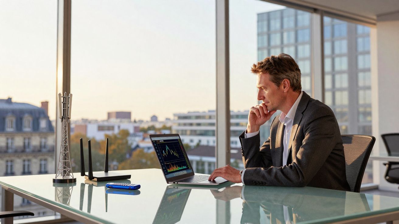 Homme en costume analysant des graphiques financiers sur un ordinateur portable dans un bureau moderne lumineux.