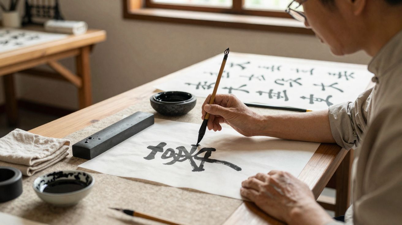 Personne pratiquant la calligraphie avec un pinceau et de l'encre noire sur une table en bois.