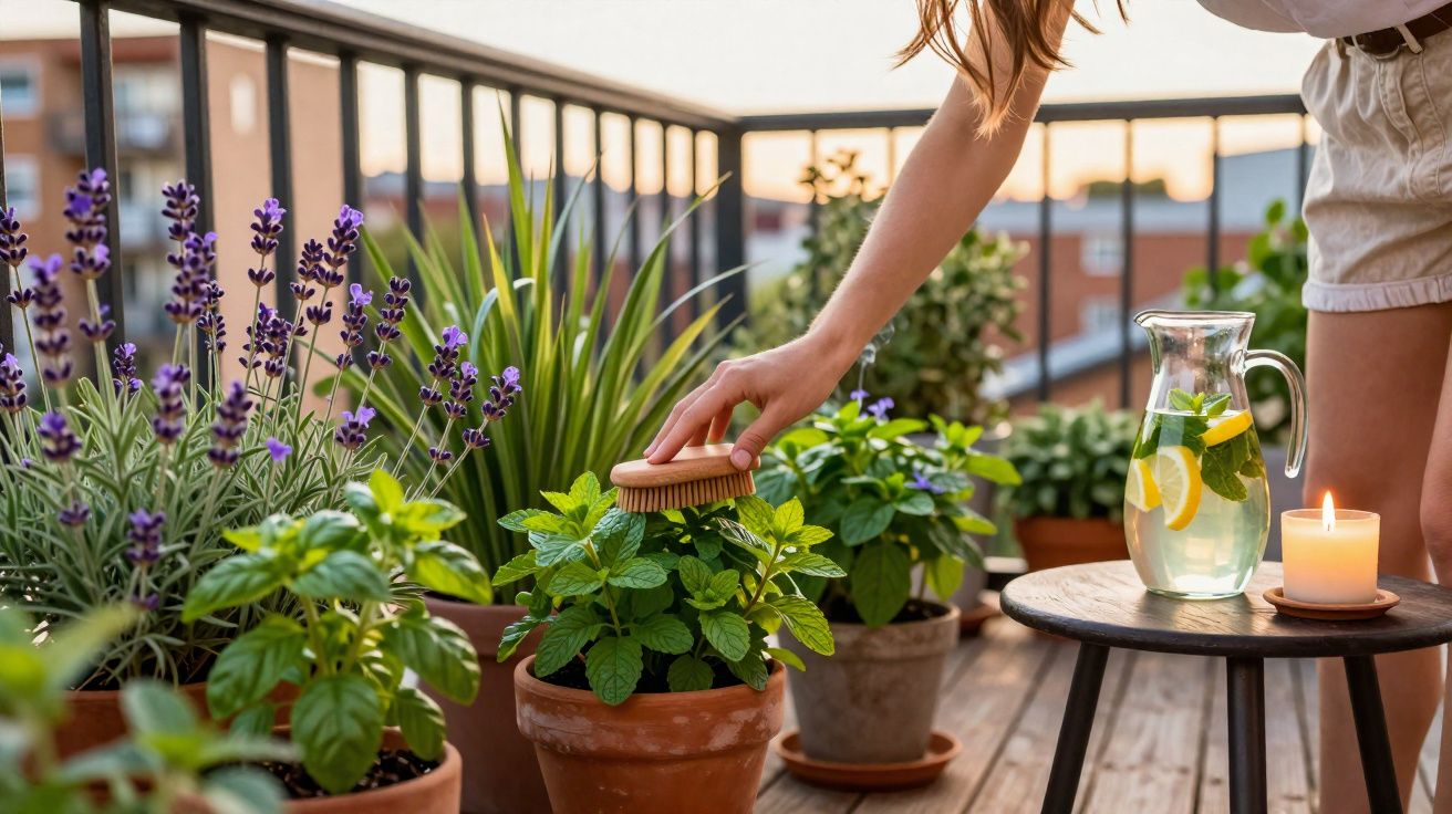 Personne brossant des plantes aromatiques en pot sur un balcon ensoleillé avec citronnade et bougie.