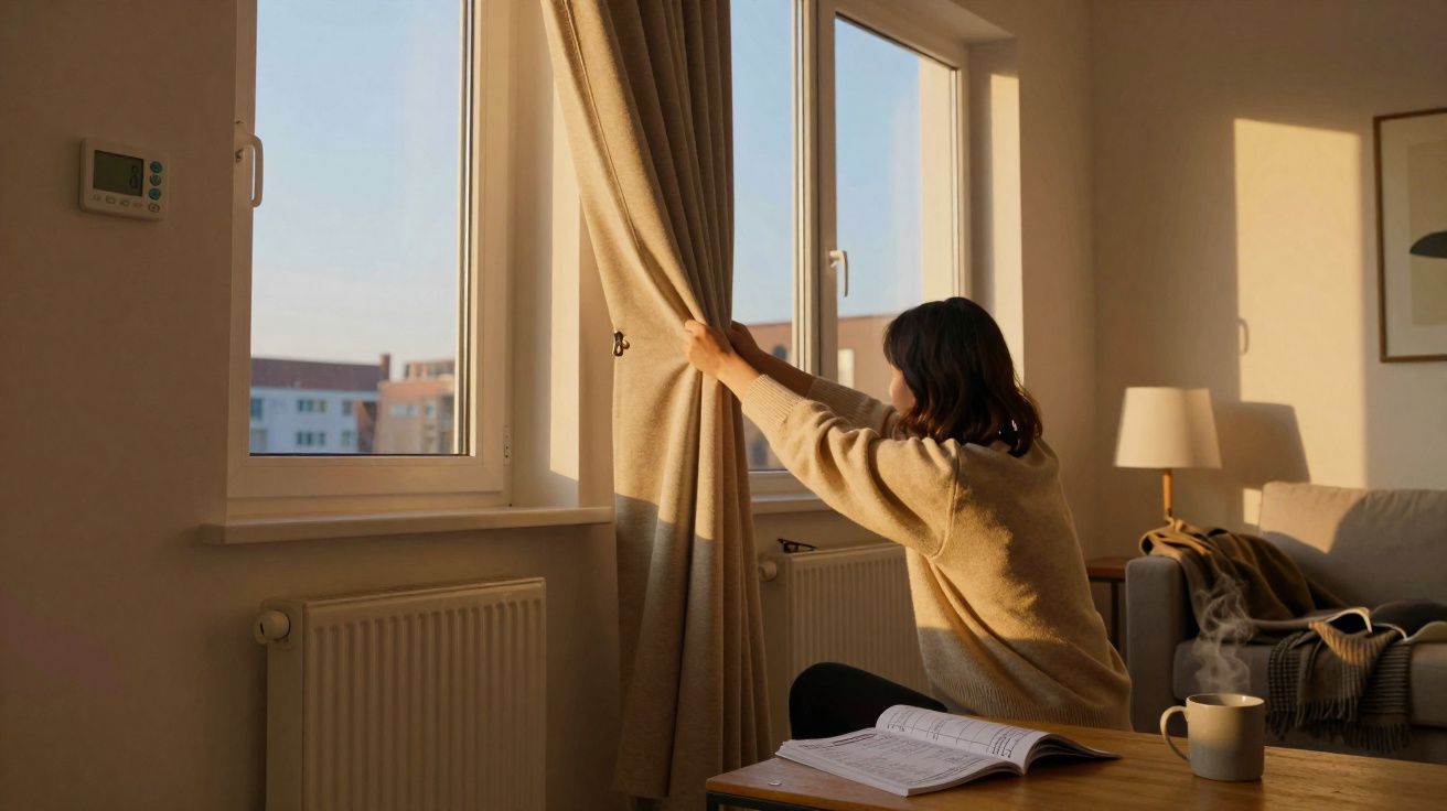 Femme tirant un rideau dans un salon baigné de lumière naturelle au coucher du soleil.