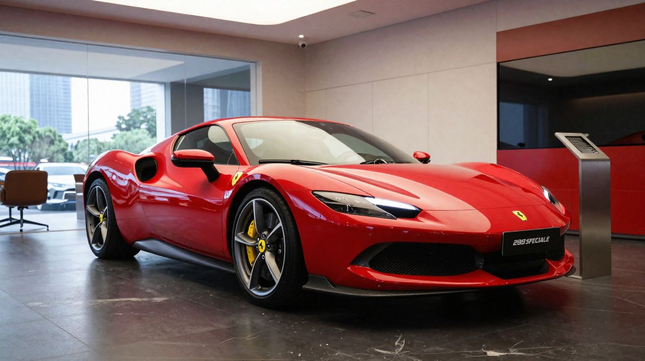 Voiture de sport rouge Ferrari 296 GTB exposée dans un showroom moderne avec sol en carrelage foncé.
