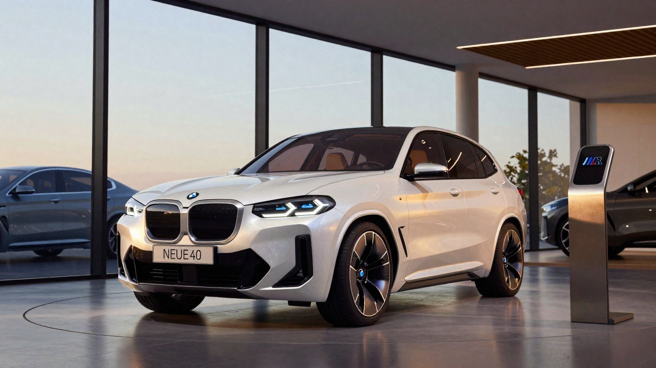 Véhicule BMW électrique blanc garé à l’intérieur, avec grandes fenêtres et borne de recharge M à droite.