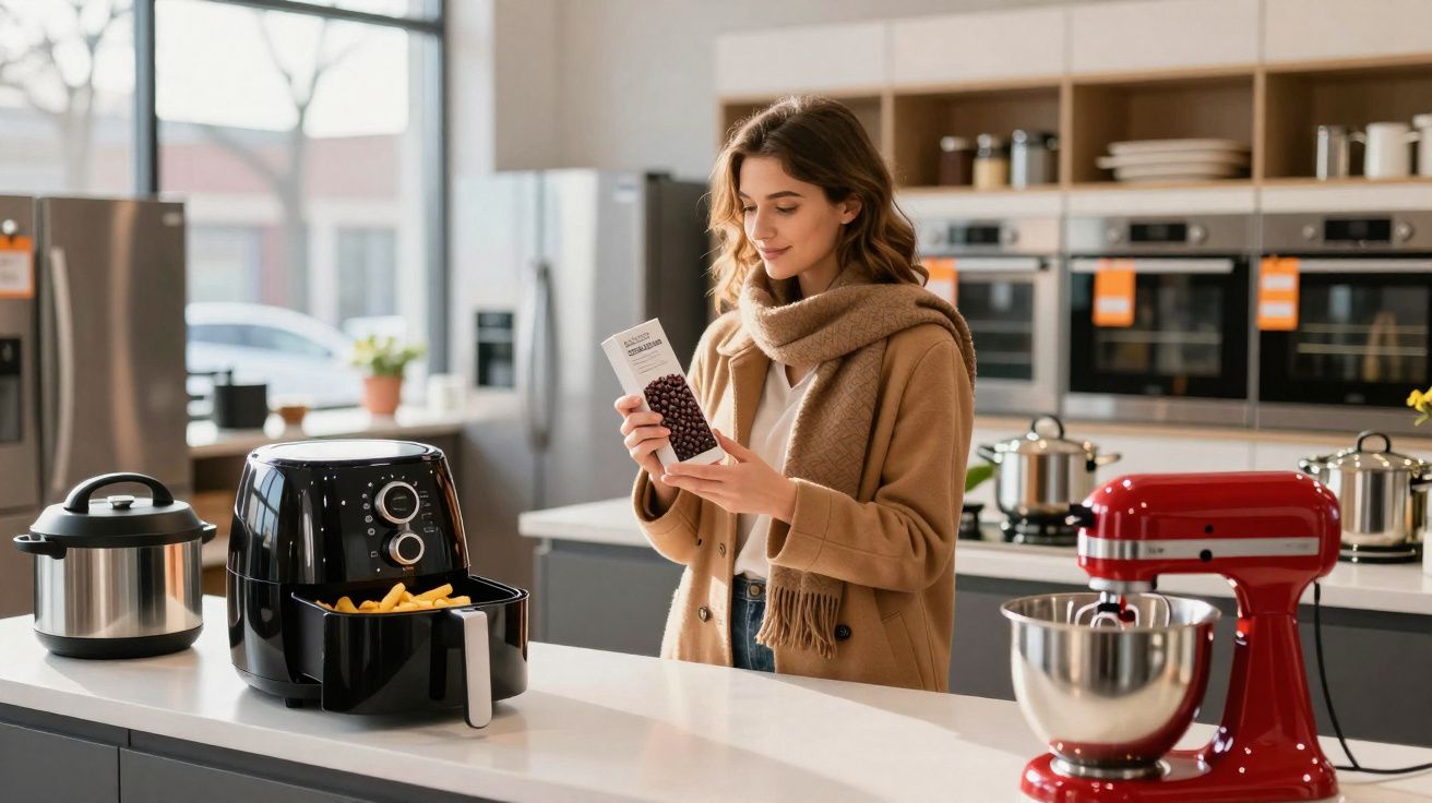 Jeune femme avec écharpe regardant un emballage dans une cuisine moderne équipée d'appareils électroménagers.