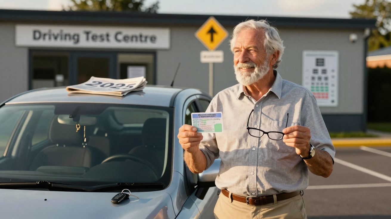 Homme âgé souriant tenant un permis de conduire devant un centre d'examen de conduite avec une voiture grise.