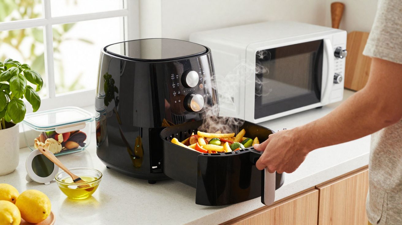 Friteuse à air noire sur un plan de travail, des légumes cuisent dans le panier tiède fumant.