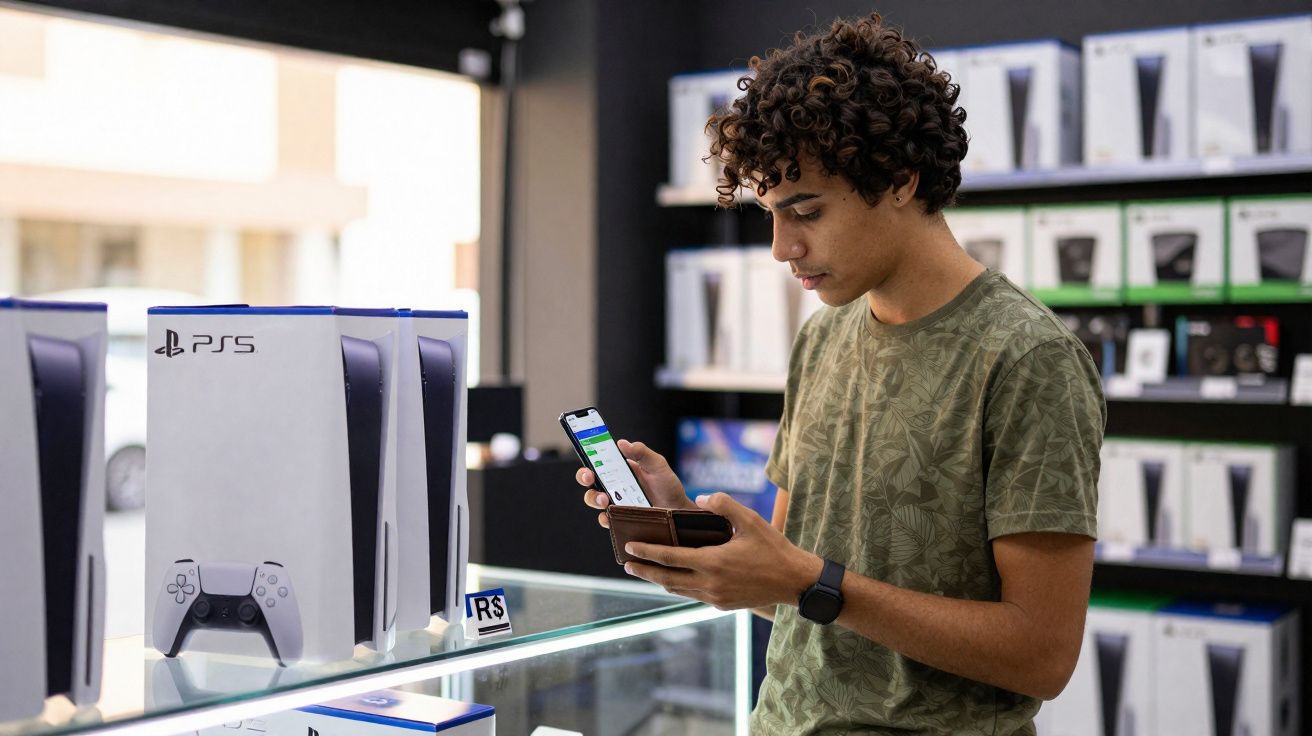 Jeune homme vérifiant son téléphone dans une boutique de consoles PS5, devant des boîtes exposées.