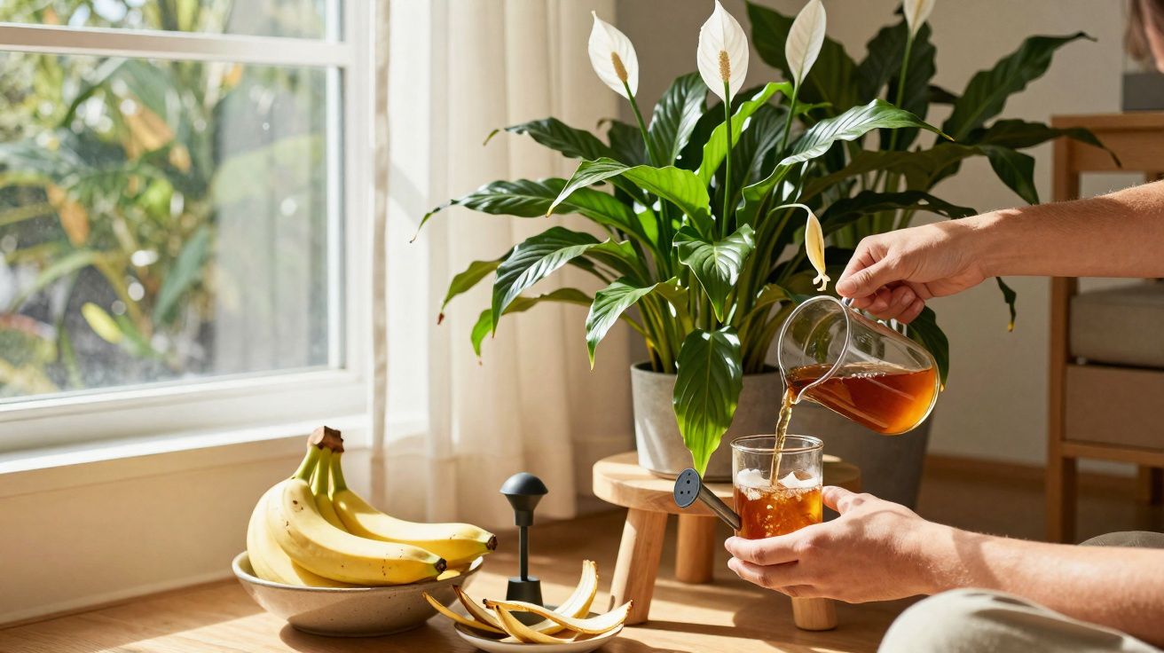 Une personne verse du thé glacé dans un verre avec des glaçons près d'une plante verte et un bol de bananes.