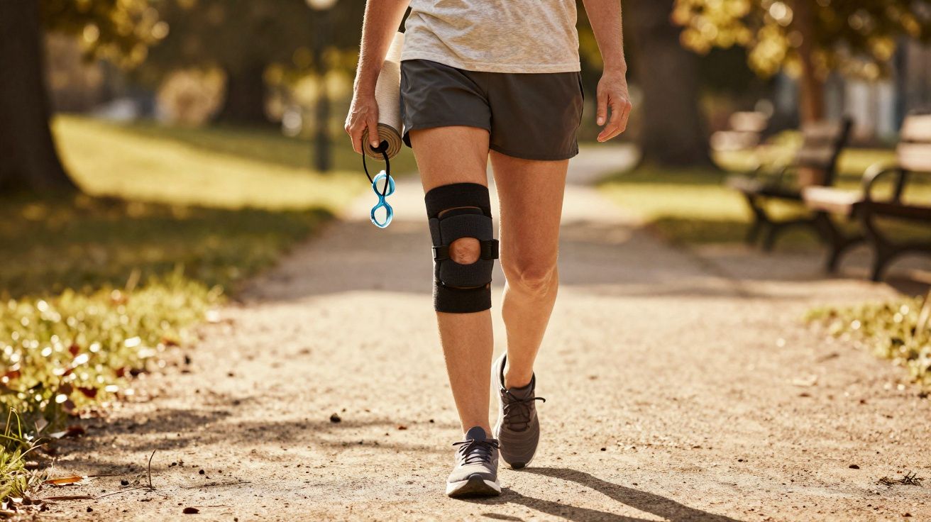 Personne marchant dans un parc avec une genouillère noire et tenant des lunettes de natation bleues.