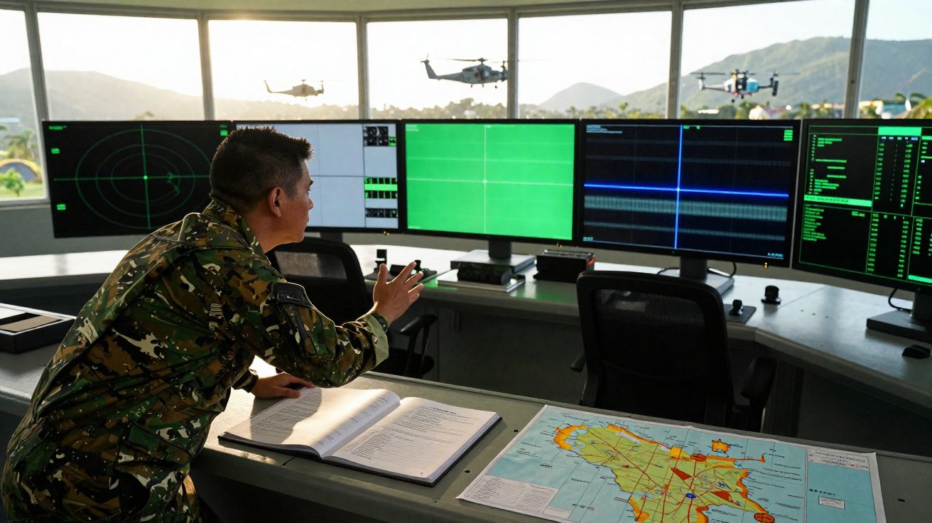 Militaire en tenue camouflage surveillant écrans radars et cartes stratégiques avec hélicoptères en vol dehors.