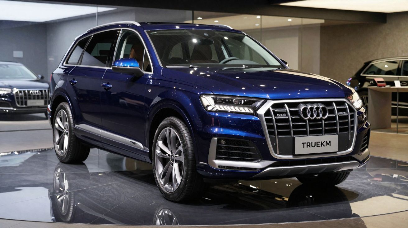SUV Audi Q7 bleu métallique exposé dans un showroom moderne avec éclairage intérieur.