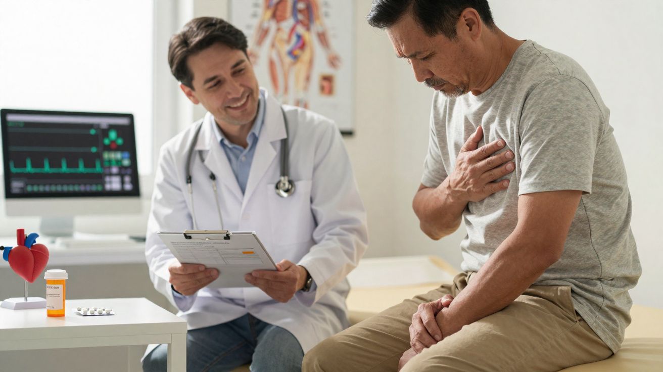 Médecin prenant en charge un patient souffrant de douleur thoracique lors d'une consultation médicale.