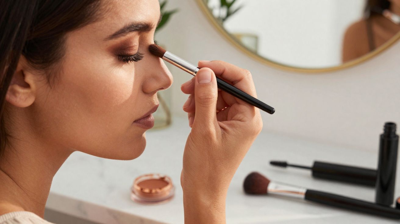 Femme appliquant du fard à paupières avec un pinceau devant un miroir dans une salle de bain.