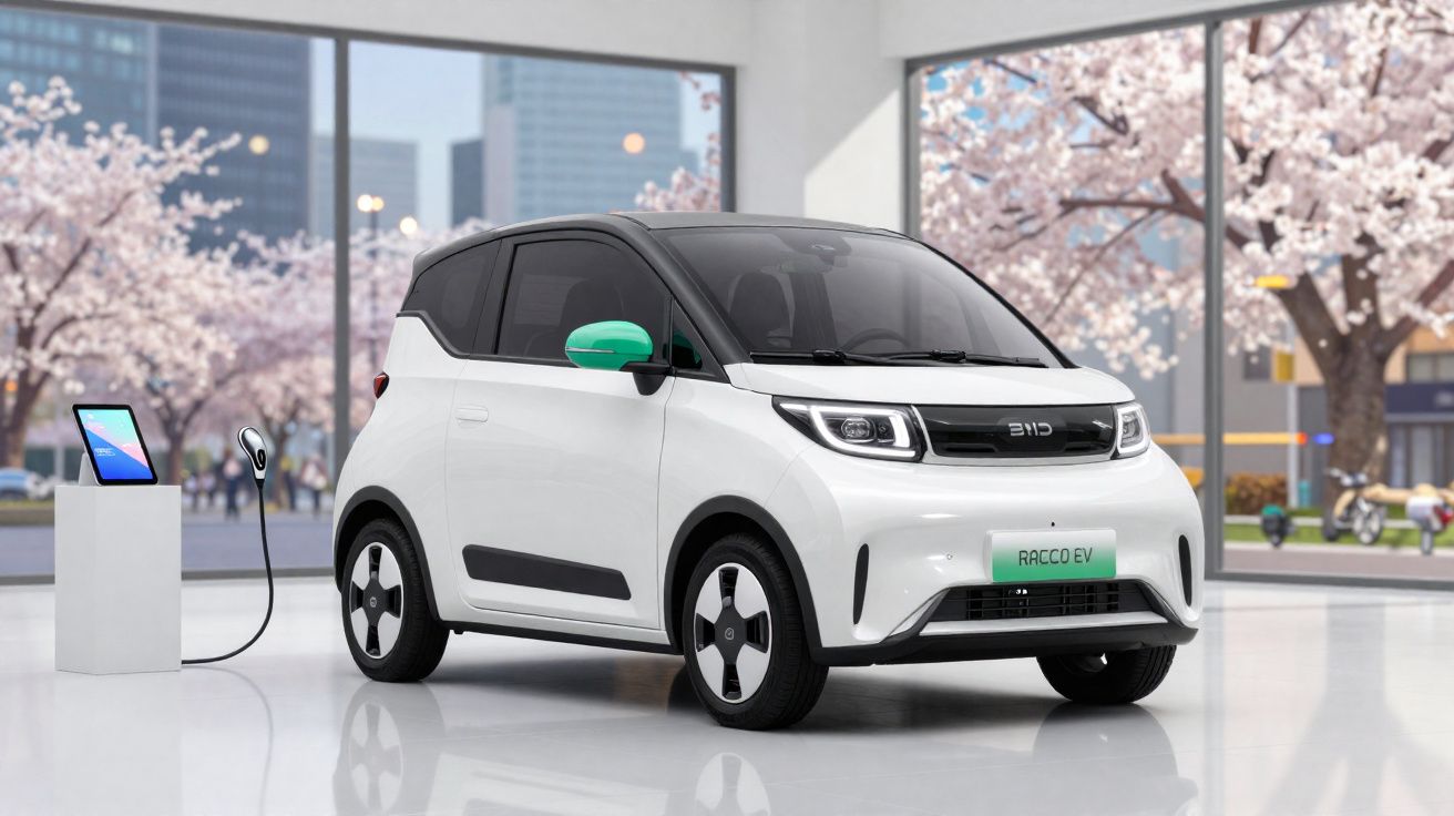 Voiture électrique compacte blanche chargée dans un showroom avec des cerisiers en fleur visibles à l'extérieur.