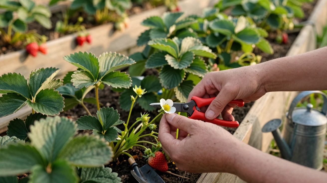Personne coupant une fleur de fraisiers dans un jardin surélevé avec des fraises mûres visibles.