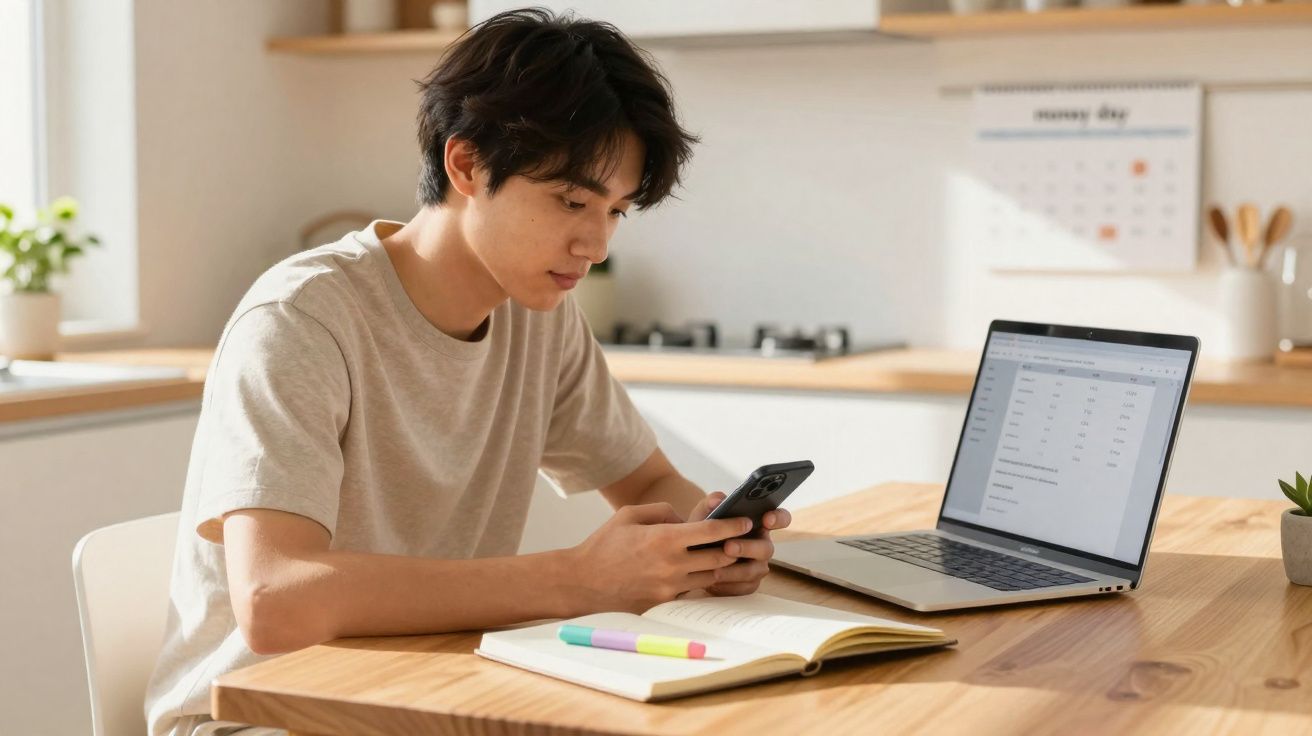 Jeune homme étudiant à une table avec un ordinateur portable, un livre ouvert et utilisant son smartphone dans une cuisine lu