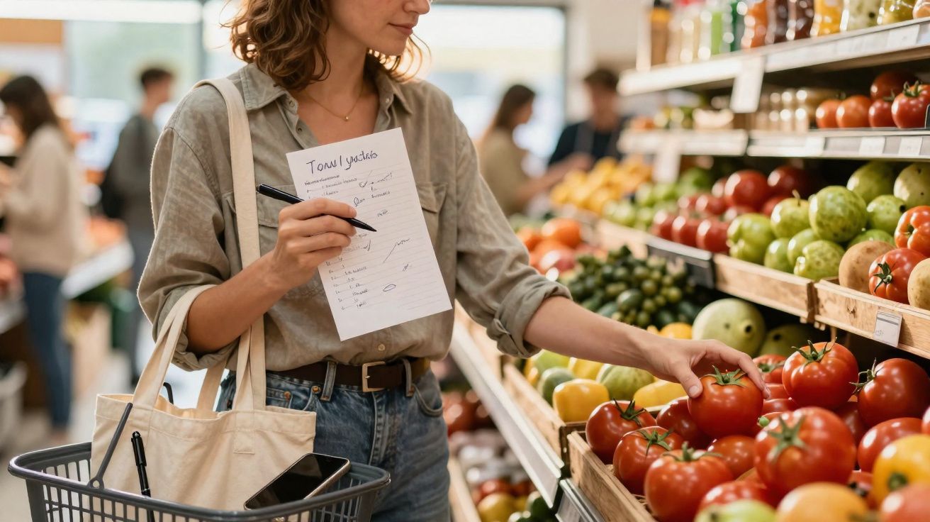 Femme avec liste de courses choisissant des tomates au rayon fruits et légumes d’un supermarché.