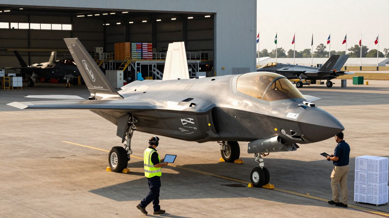 Avion de chasse furtif stationné devant un hangar, deux techniciens l'inspectent avec des tablettes.