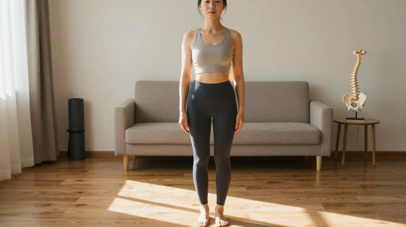 Femme en tenue de sport debout, pieds nus, dans un salon lumineux avec un canapé et un modèle de colonne vertébrale.
