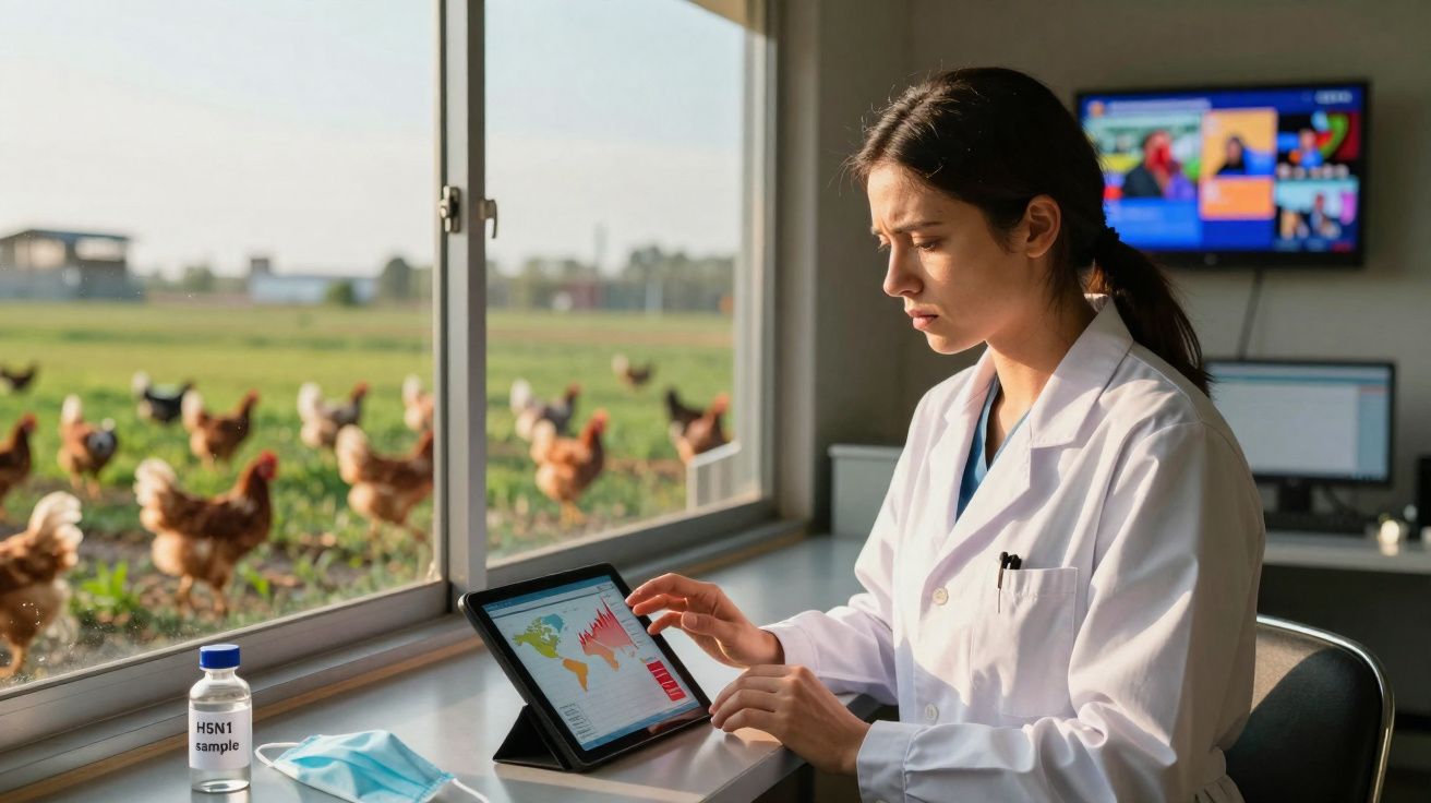 Chercheuse en blouse blanche analysant des données sur une tablette devant une fenêtre avec des poules au champ.